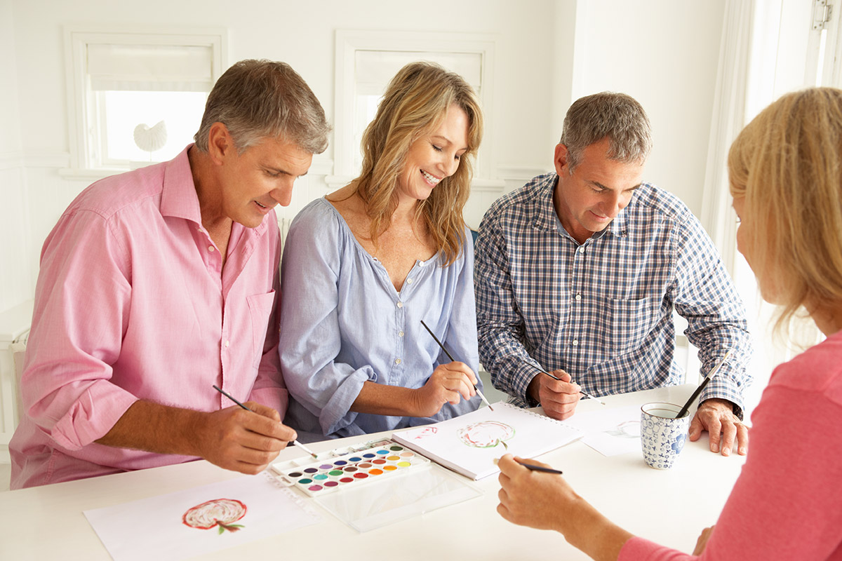 Two couples painting in art class, Harmony Place, Rutland, MA