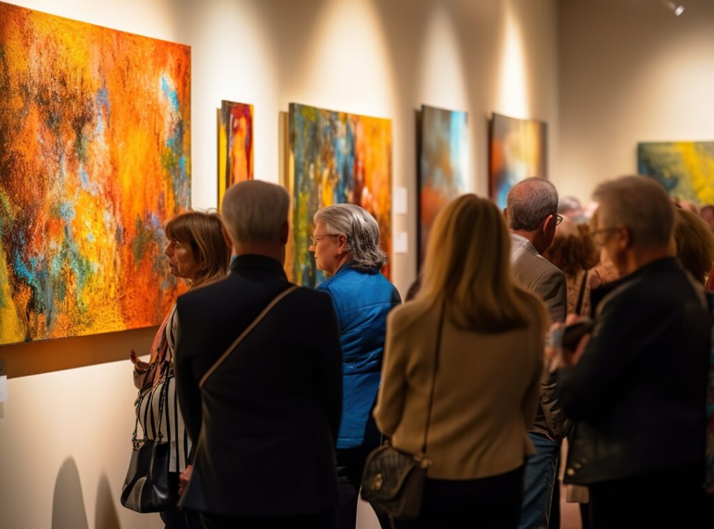 At an art gallery, people viewing paintings near Rutland, MA