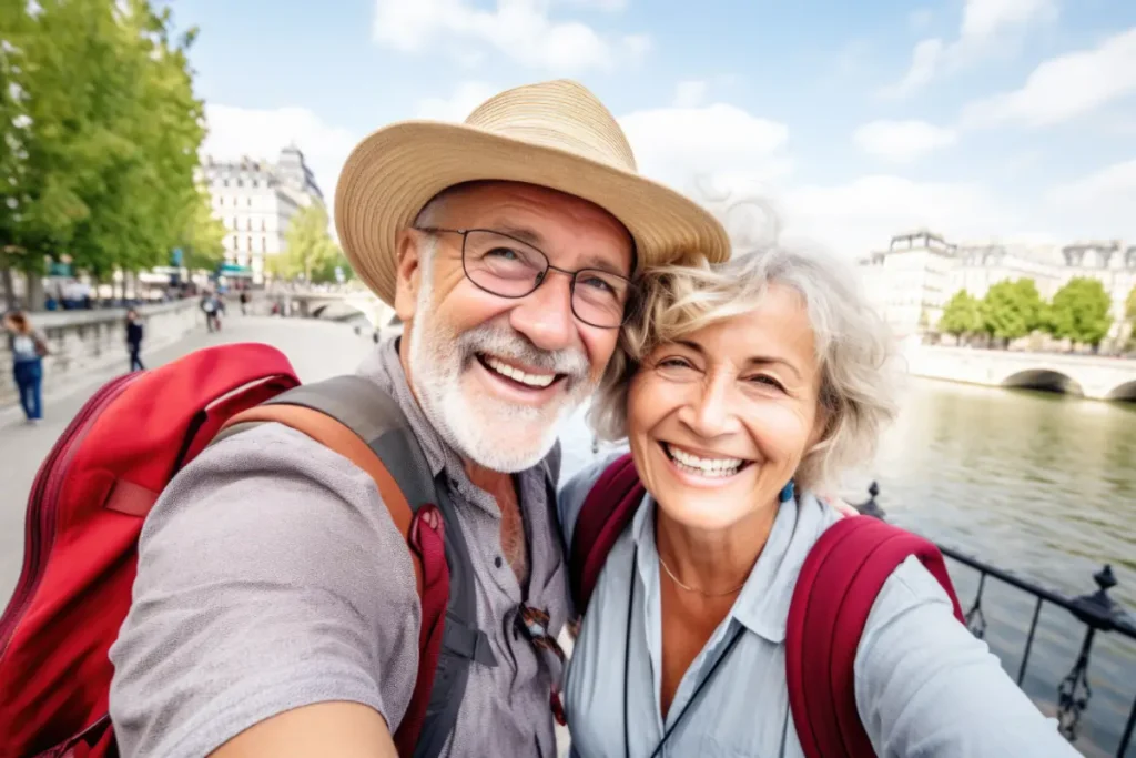 Smiling retired couple with backpacks enjoying a scenic outdoor location near a waterfront, representing active senior living at Harmony Place 55+ Community.
