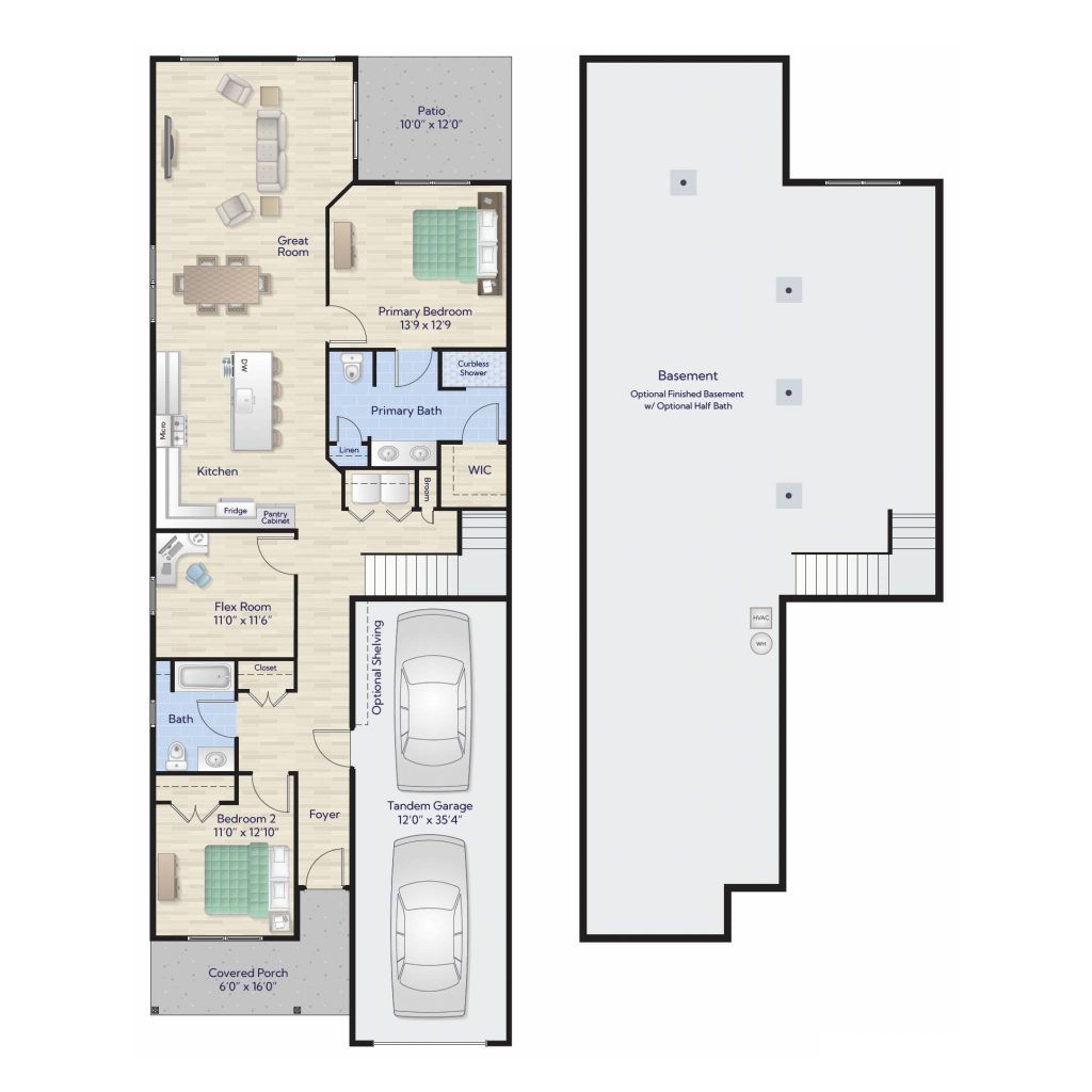 Aurora floorplan at Harmony Place featuring two bedrooms, two bathrooms, an open-concept living area, tandem garage, and optional finished basement.
