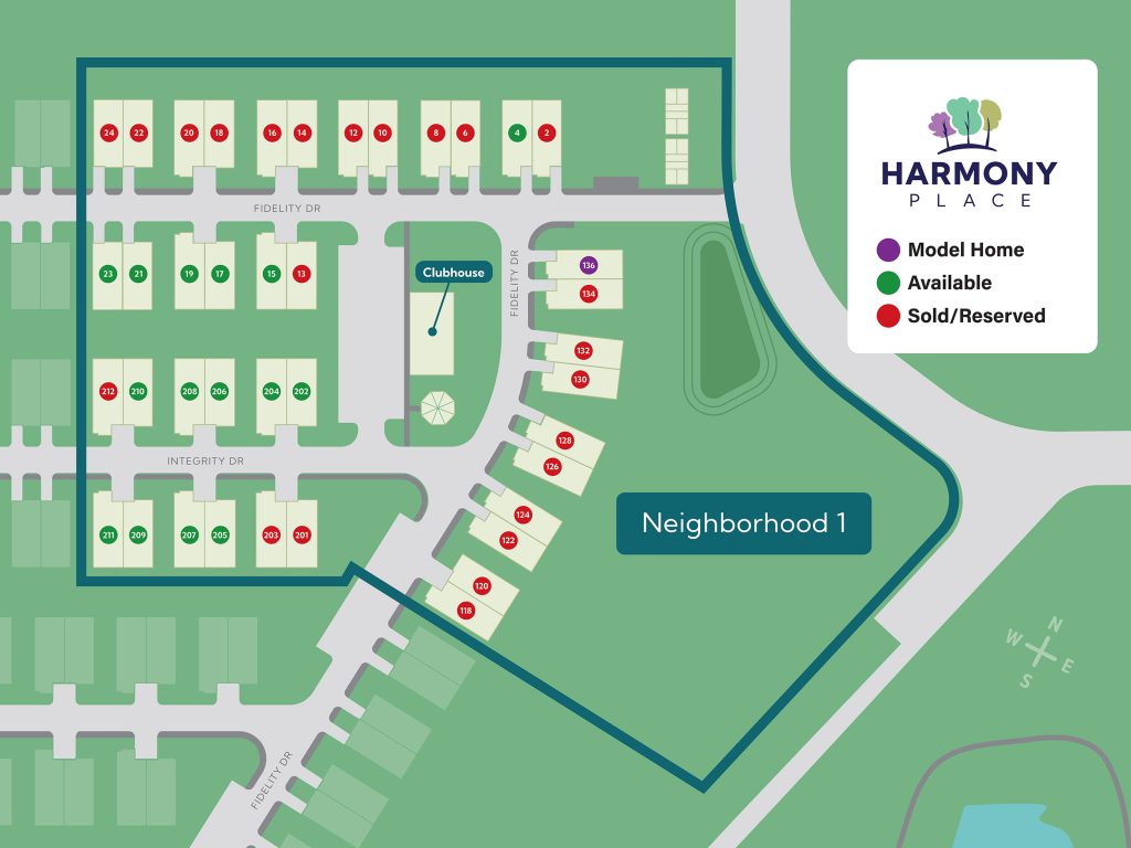 Color-coded sitemap of Harmony Place Neighborhood 1 in Rutland, MA, showing model homes, available, reserved, and future release lots.