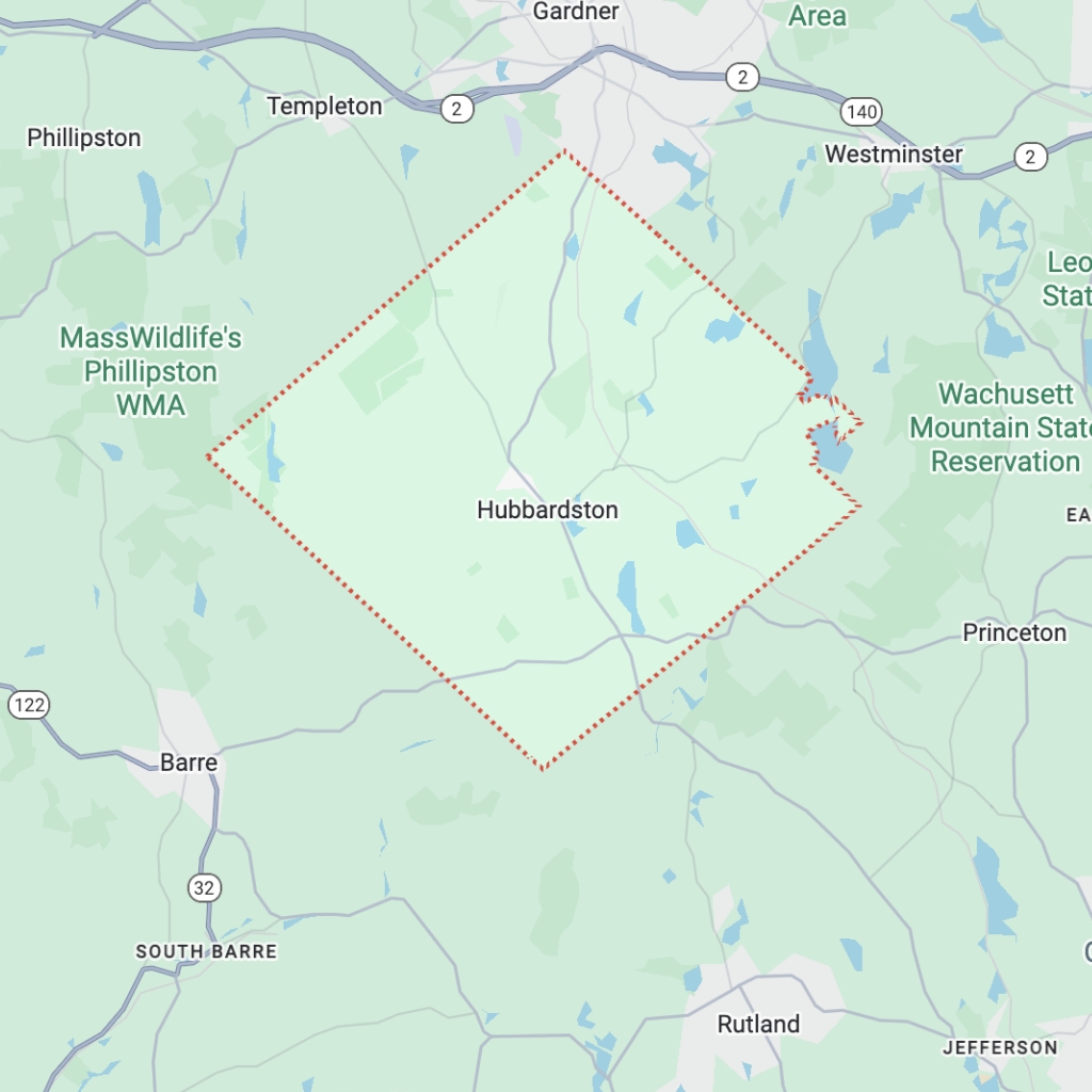 Map of Hubbardston, Massachusetts showing location near Rutland and surrounding towns
