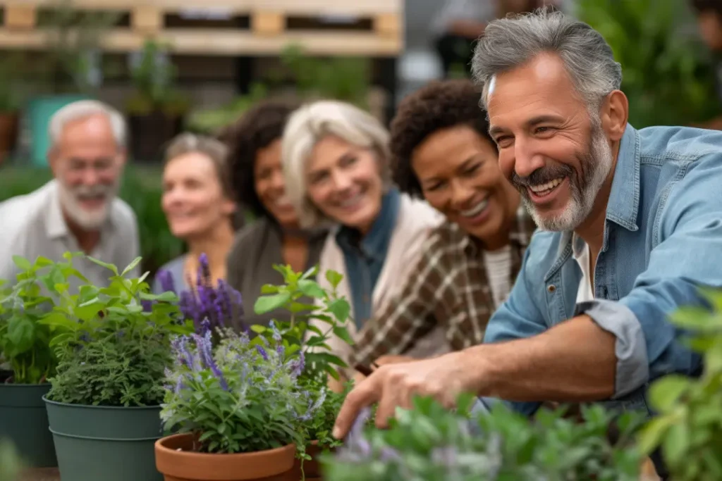 Smiling senior man tending to potted plants with a group of friends in a community garden.