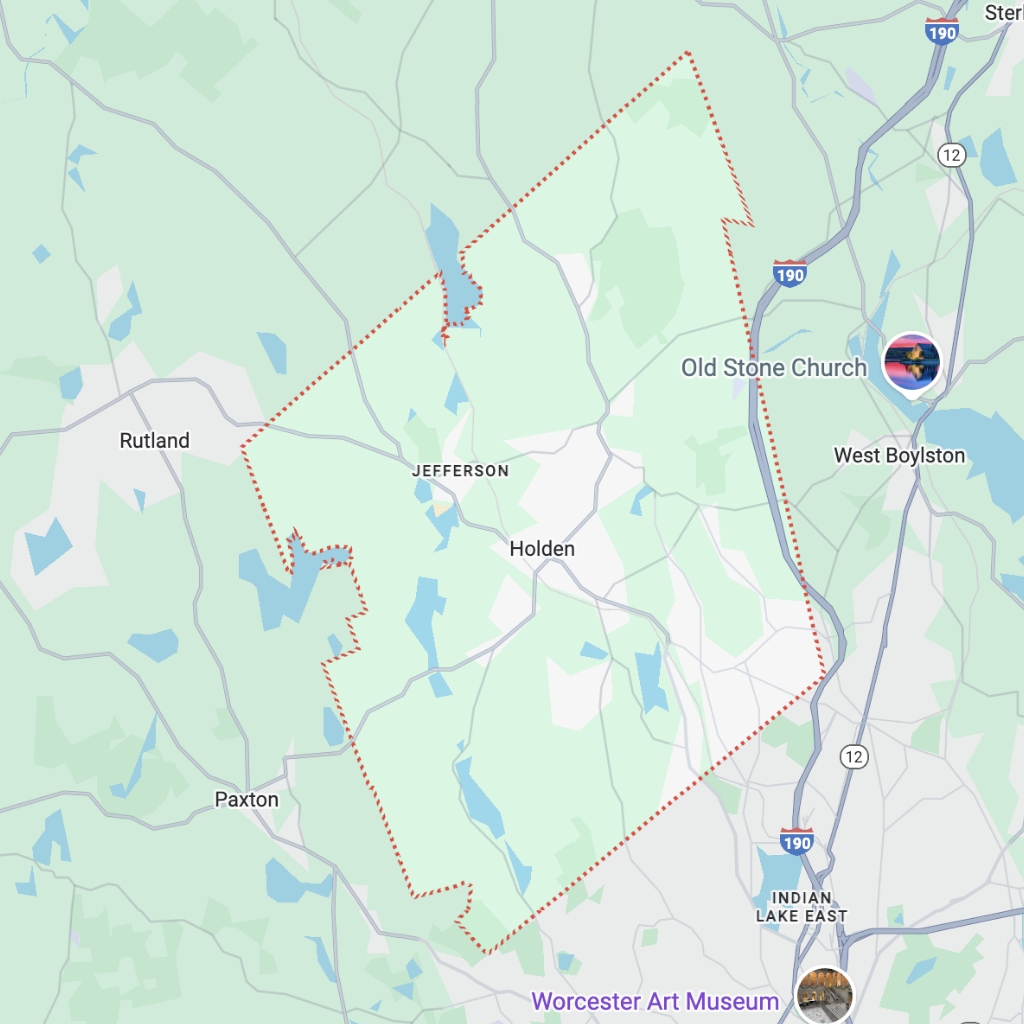 Map of Holden, Massachusetts showing location near Rutland and surrounding towns