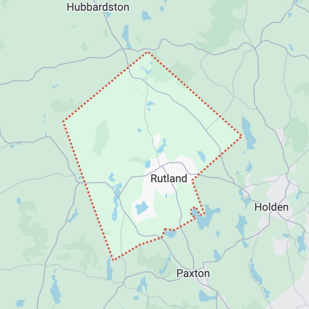Map of Rutland, Massachusetts showing town boundaries and nearby areas