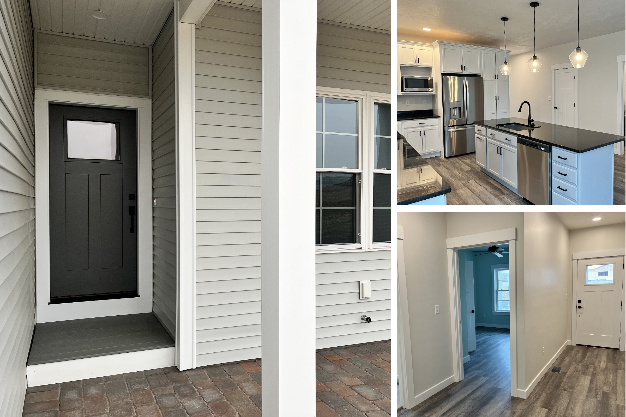 Collage showing the front entry, kitchen, and interior views of a new home at Harmony Place in Rutland, Massachusetts.