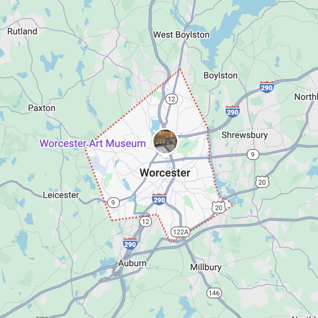 Map of Worcester, Massachusetts showing location near Rutland and surrounding towns