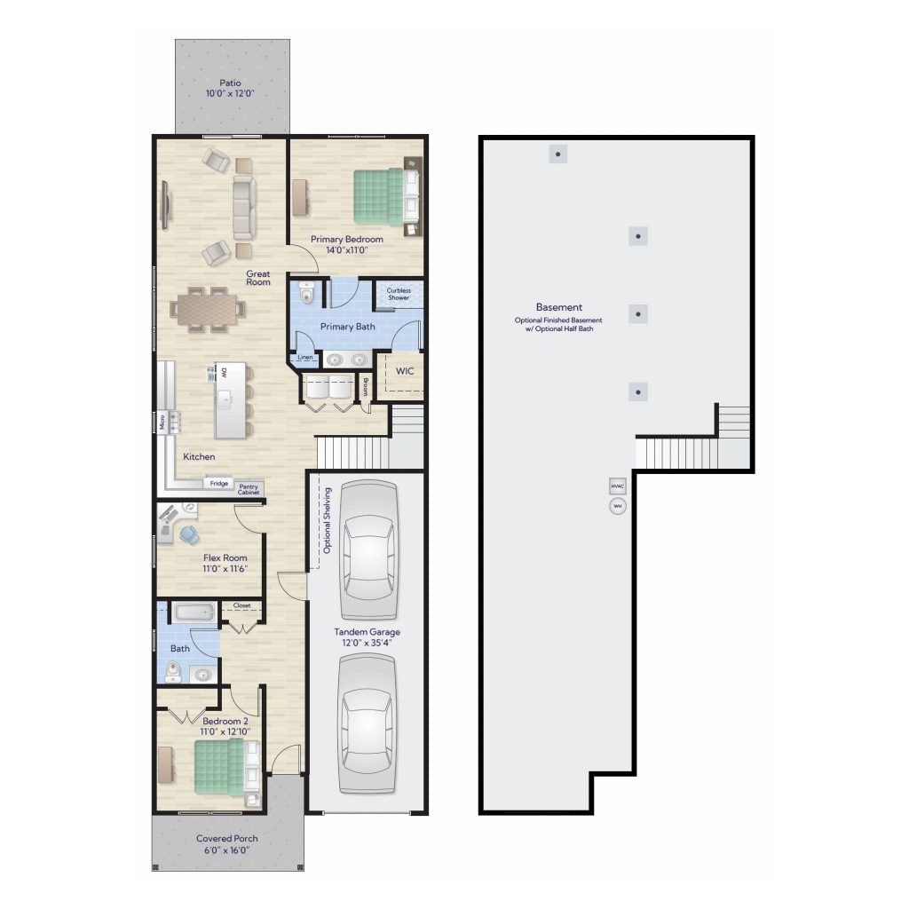 Aurora II floorplan at Harmony Place showing two bedrooms, two bathrooms, an open-concept great room, tandem garage, and optional finished basement.