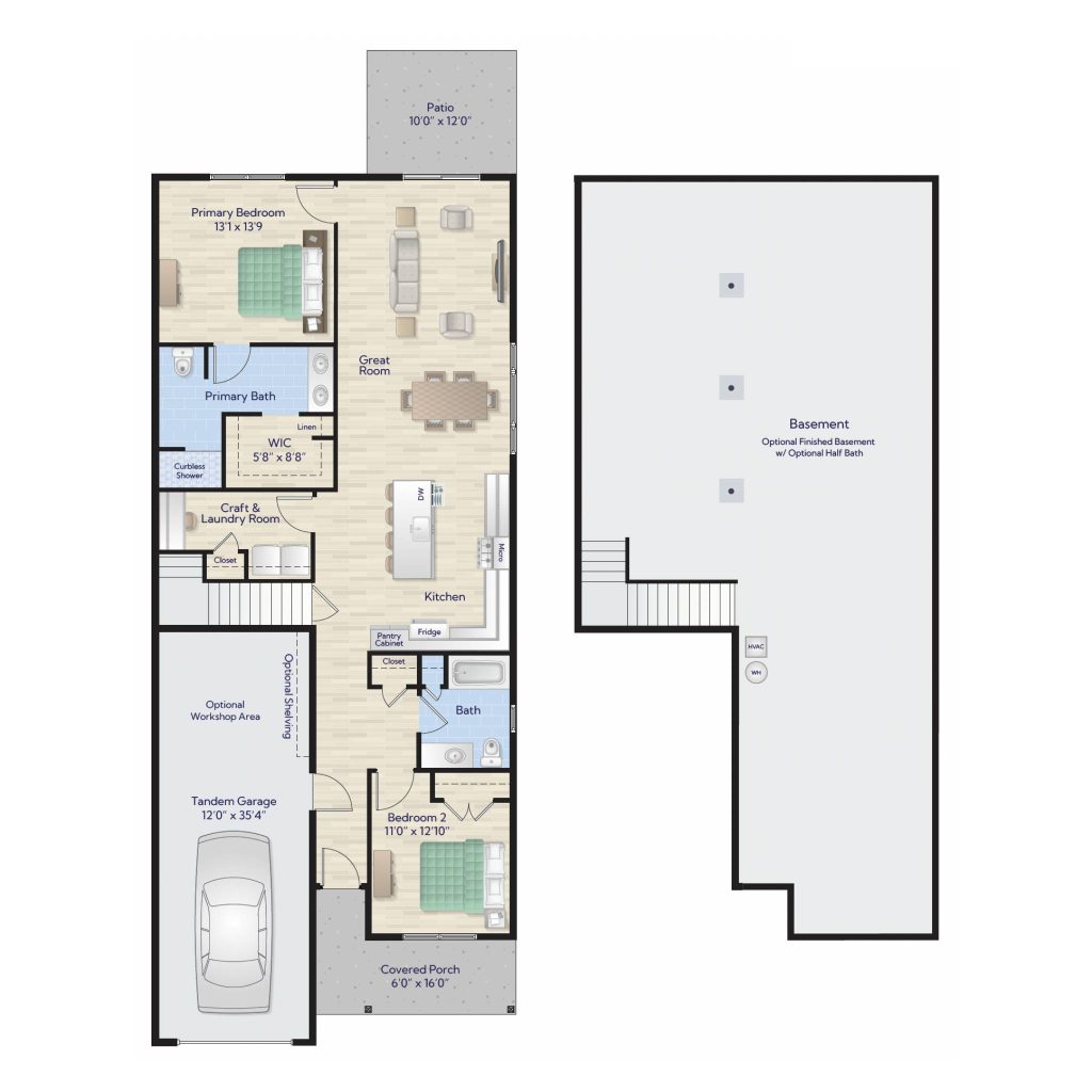 Beacon floorplan at Harmony Place showing two bedrooms, two bathrooms, an open-concept great room, tandem garage, and optional finished basement.