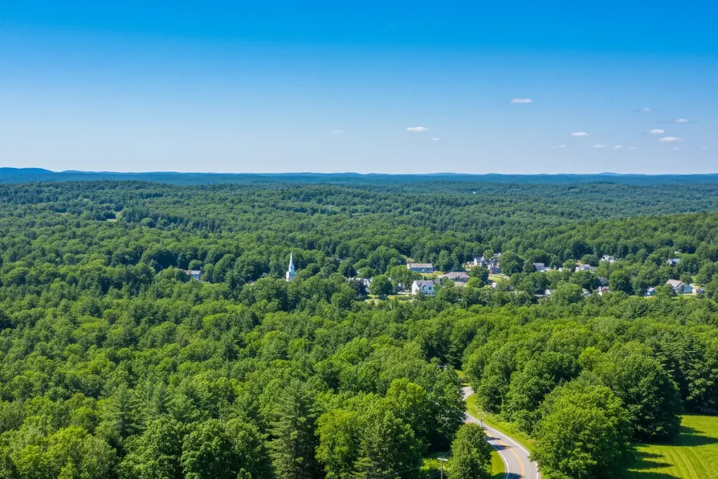 Aerial view of Rutland, Massachusetts surrounded by lush green trees and blue skies, representing clean air and natural beauty near Harmony Place.