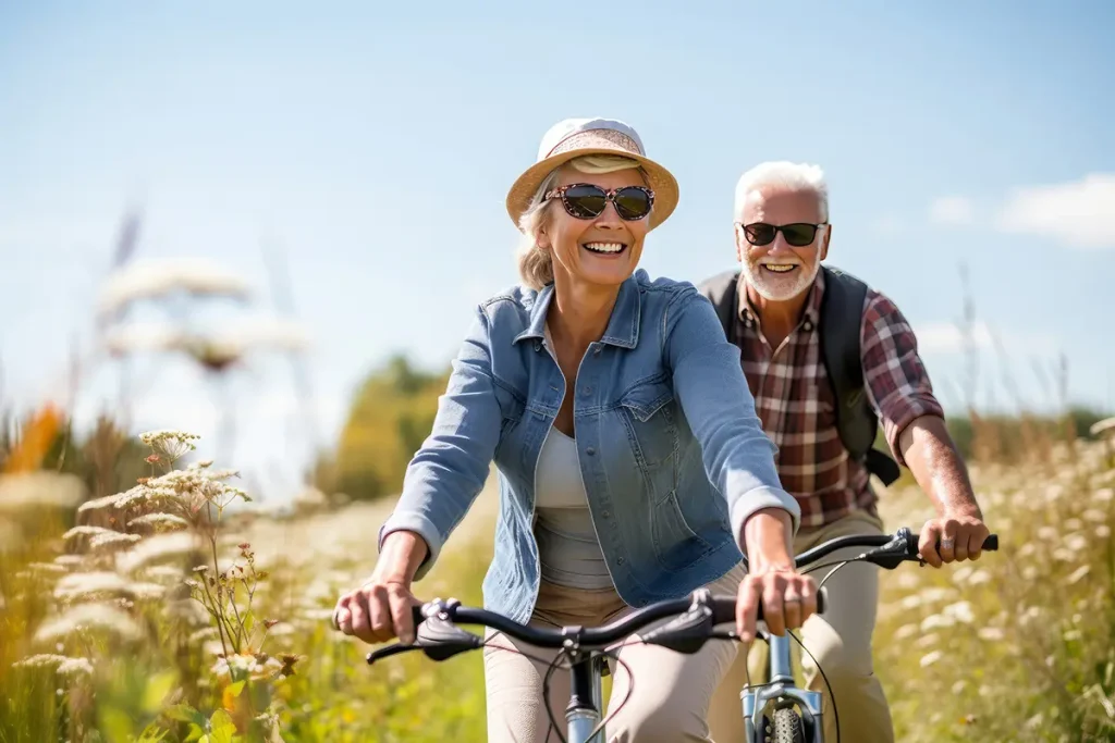 Smiling senior couple riding bicycles together on a sunny day in Rutland, Massachusetts, symbolizing freedom and an active 55+ lifestyle.
