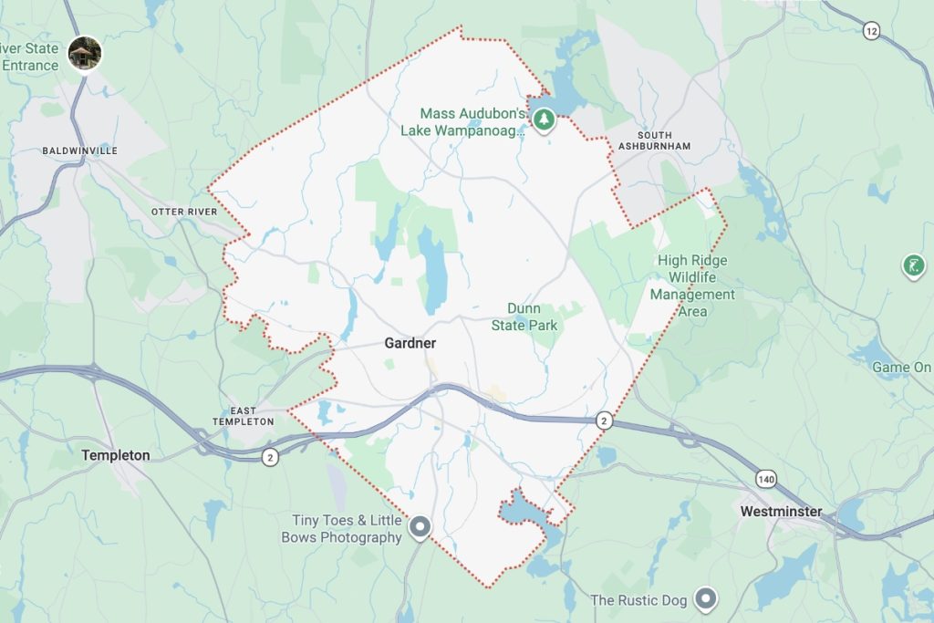 Map of Gardner, Massachusetts showing location near Rutland and surrounding towns