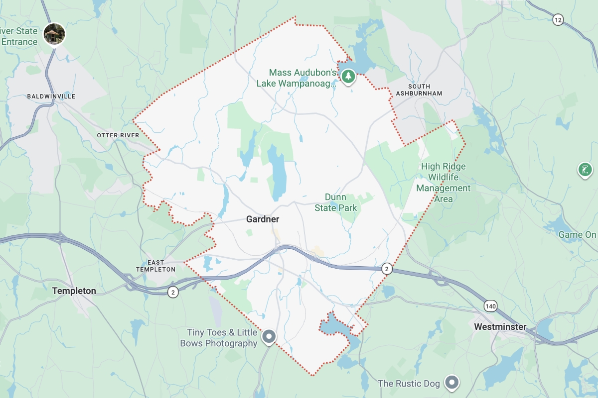 Map of Gardner, Massachusetts showing location near Rutland and surrounding towns