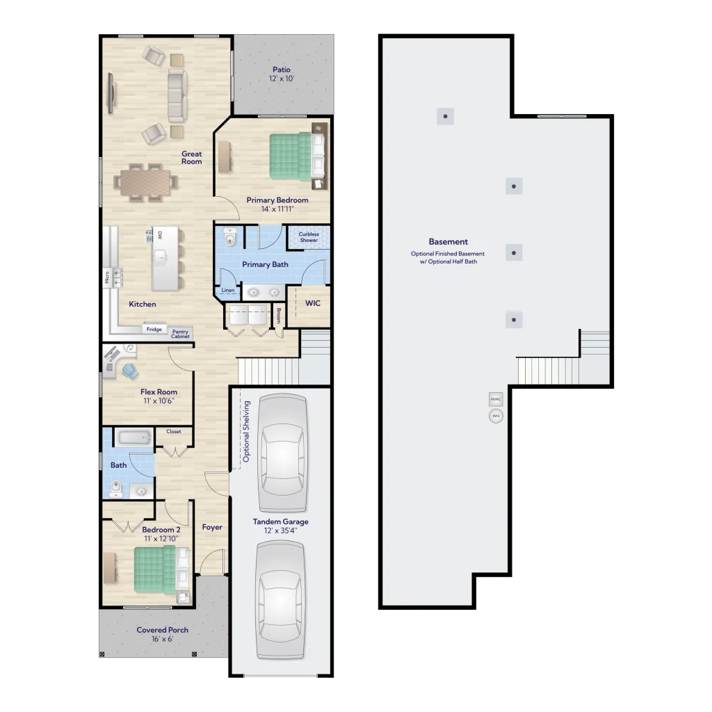 Aurora floorplan at Harmony Place featuring two bedrooms, two bathrooms, an open-concept living area, tandem garage, and optional finished basement.