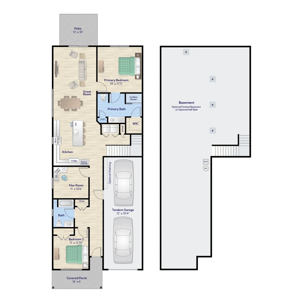 Aurora II floorplan at Harmony Place showing two bedrooms, two bathrooms, an open-concept great room, tandem garage, and optional finished basement.